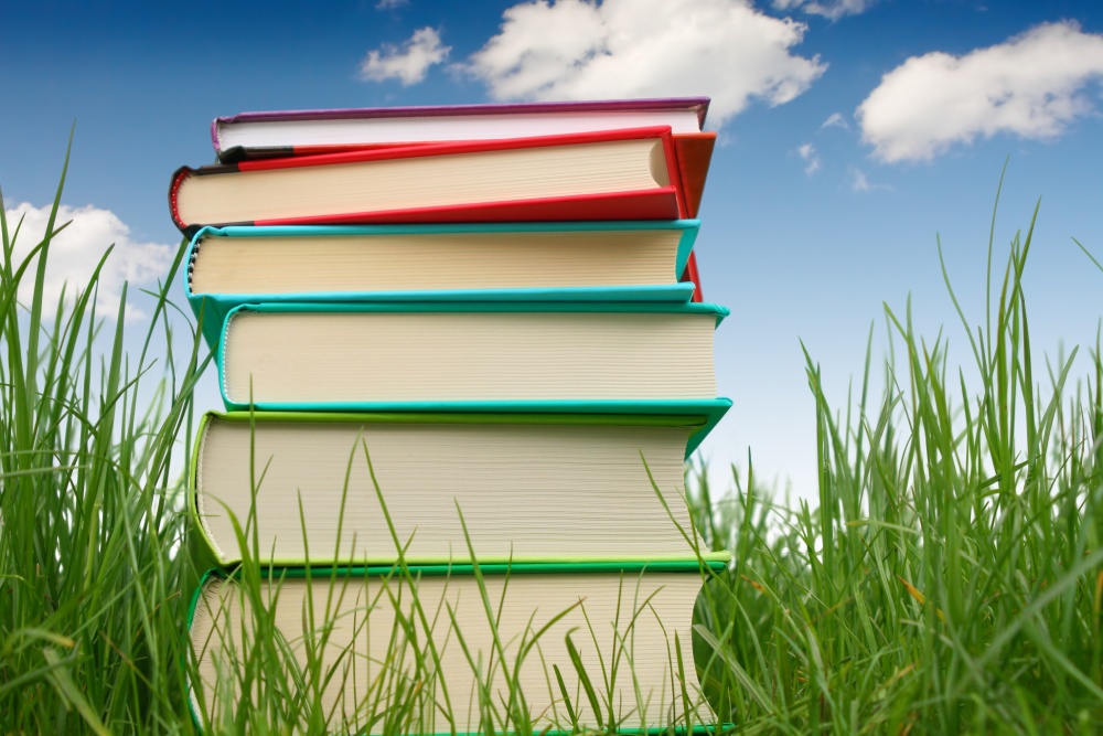 Stack of brightly coloured books sitting in vibrant green grass