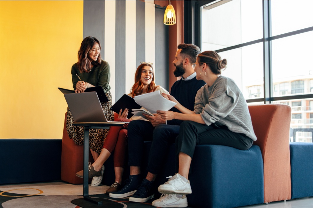 Happy business colleagues working together in an office