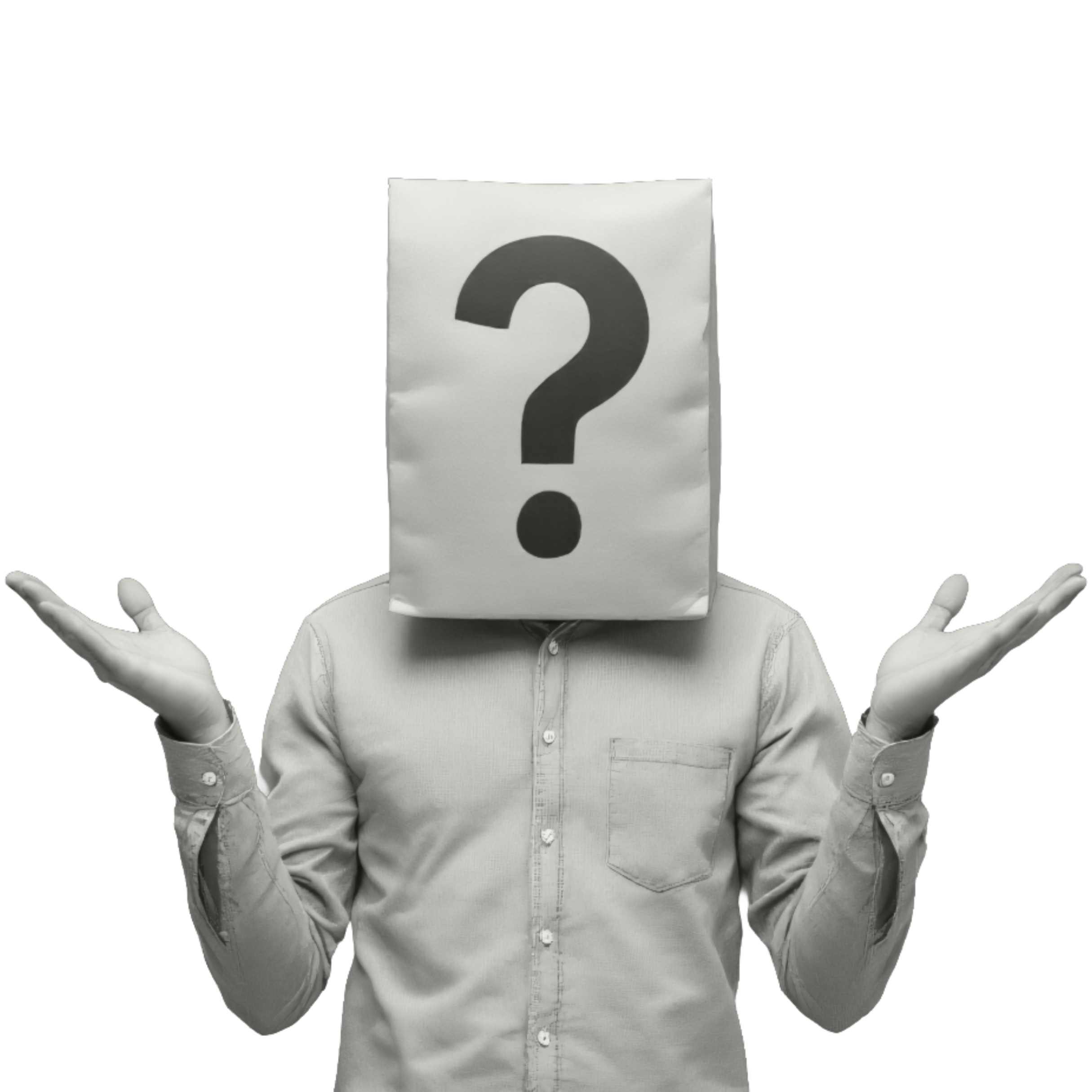 A person, shrugging, with their head covered by a question mark