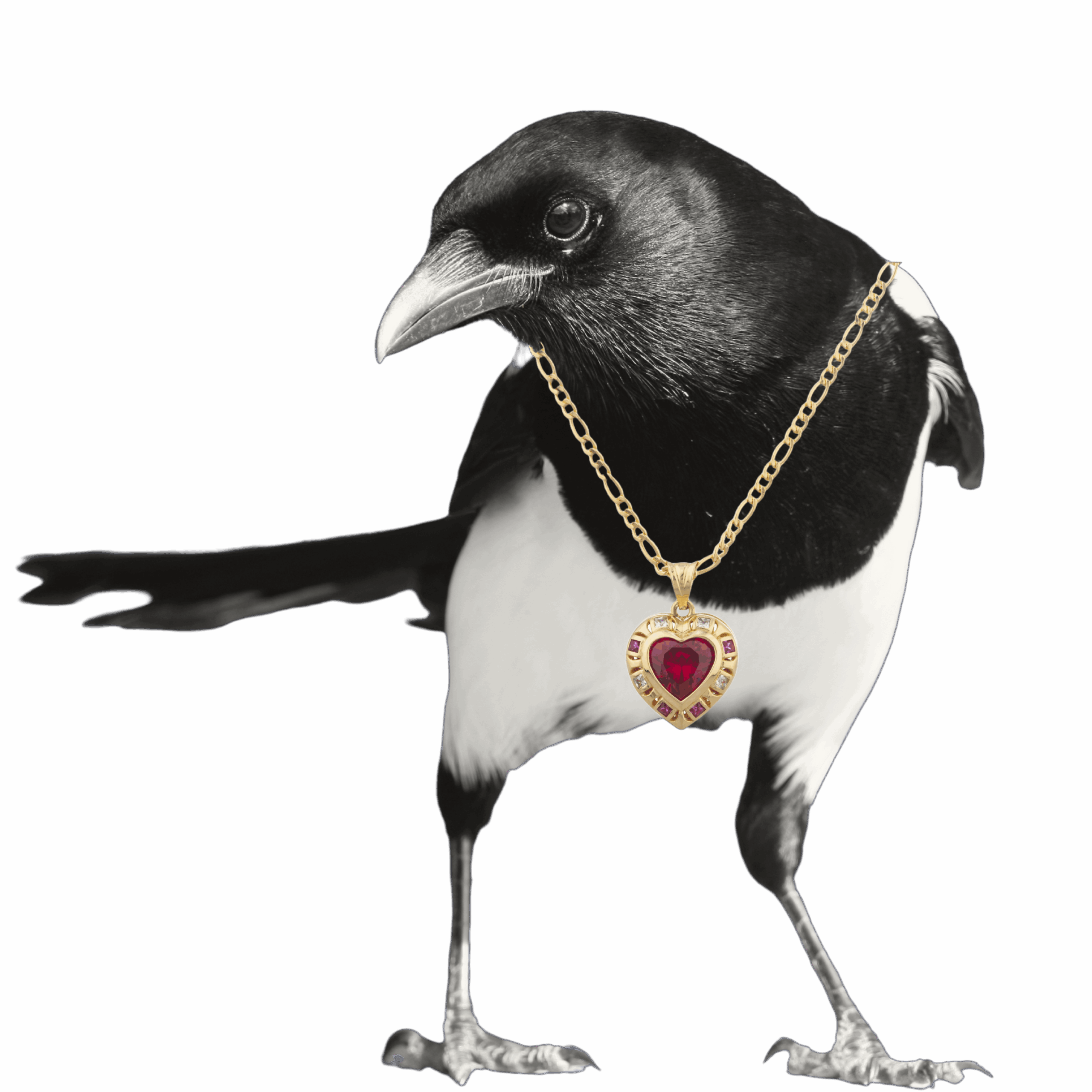 A grey scale image of a magpie wearing a bright gold ruby necklace