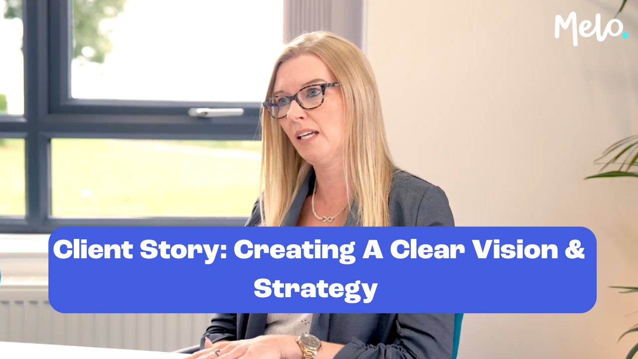 Client sitting in front of a window with the text Client Story Creating A Clear Vision and Strategy Thumb in front of her