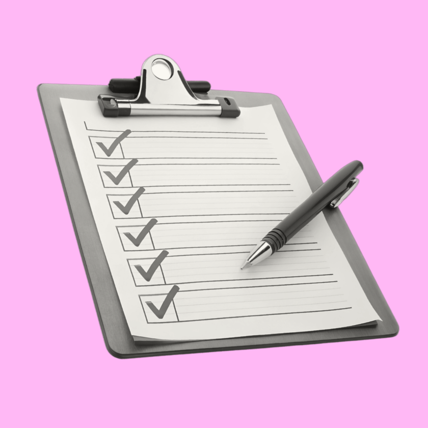a greyscale pen and clip board with a list of ticked items
